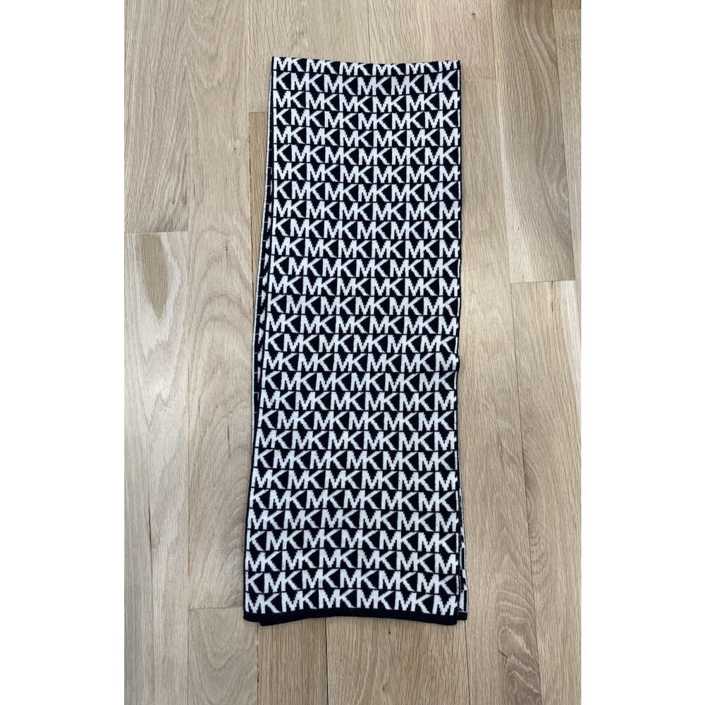 Michael Kors MK Logo Monogram Knit Winter Scarf Black & White 60” x 10.25”